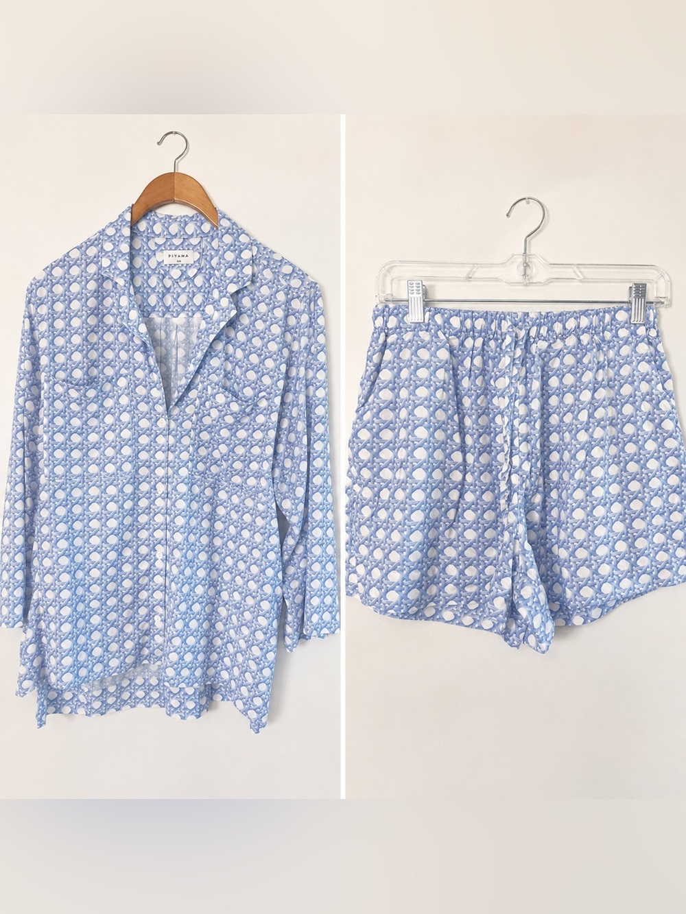 Piyama Blue White Rattan Print Pajama Set S/M Rayon Shorts Button Down - Picture 2 of 8